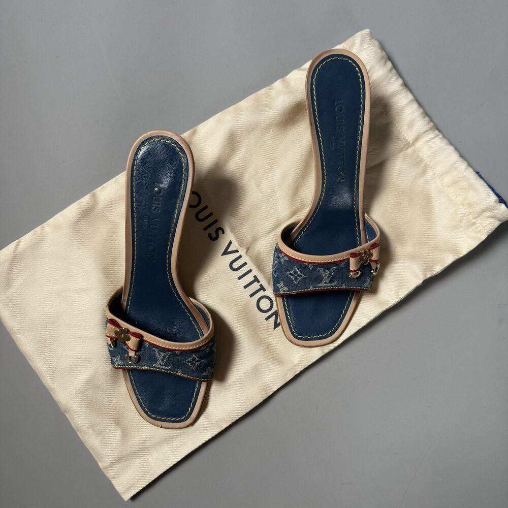Louis Vuitton Blue Monogram Denim Kitten Heels Mules Slides Size EU 37.5